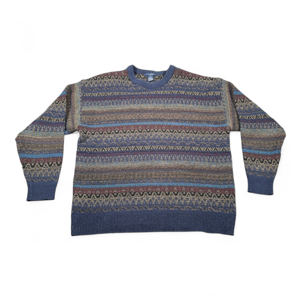 Vintage Ivy Crew Sweater Adult LARGE Blue Geometric Fair Isle Knit Dad 90s